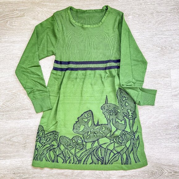 Green & Black Floral Cotton Knit Dress, Medium or Large - Picture 1 of 9